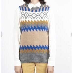 Ichi Womens Small Knit Sweater Vest Wool Blend Tan Pullover Casual Preppy